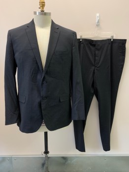 JOSEPH ABBOUD, Black, Wool, Polyester, Solid, 2 Buttons, Single Breasted, Notched Lapel, 3 Pockets,
