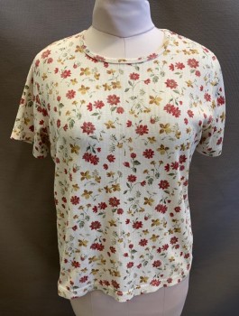 Womens, T-Shirt, CABIN CREEK, Ecru, Red Burgundy, Caramel Brown, Sage Green, Poly/Cotton, Floral, B40, M, Ribbed Knit, Crew Neck, Scallopped Edging at Neck, Short Sleeves,