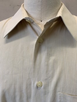 Mens, Shirt, Pronto Uomo, Beige, White, Cotton, Stripes, 35, 17, L/S,large Breast Pocket,beige Pearl Buttons Staining Around Neck and on Front ,see Photo