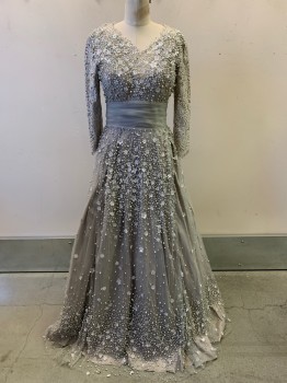 Womens, Evening Gown, JIOVANI, Gray, Silver, Polyester, Nylon, Floral, B34, 8, W26, L/S, V Neck, Heavy, Beaded Pearls And Rhinestones, Lace Sleeves, Mesh Waist Band Back Zipper,