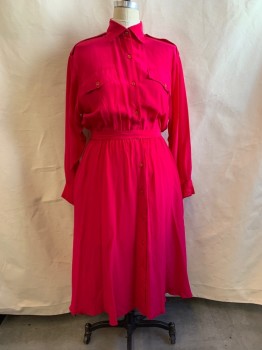 HYPER, Hot Pink, Silk, Solid, C.A., Button Front, L/S, 4 Pockets, Elastic Waistband, Shoulder Epaulettes with Buttons, Shoulder Pads, Matching Belt Attached