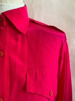 HYPER, Hot Pink, Silk, Solid, C.A., Button Front, L/S, 4 Pockets, Elastic Waistband, Shoulder Epaulettes with Buttons, Shoulder Pads, Matching Belt Attached