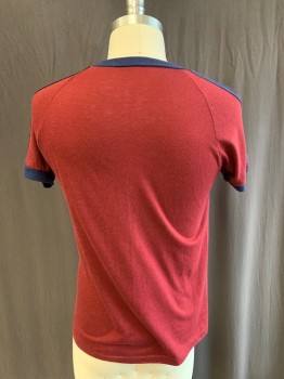 Mens, T-shirt, N/L, Red, Blue, Cotton, Polyester, M, CN, Raglan S/S With 3 Applique Stripes