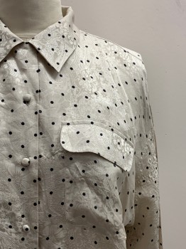 Womens, Blouse, NEXX, Champagne, Black, Silk, Paisley/Swirls, Polka Dots, L, L/S, Button Front, Collar Attached, Chest Pockets,