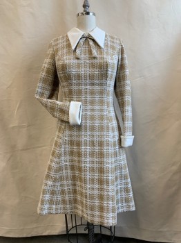 Womens, Dress, LADY CAROL, Lt Brown, White, Polyester, Plaid, W 28, B 38, Knit Plaid Matelasse, A-line, Long Sleeves, Self Bow Tie at Neck, Solid White Pointy Collar Attached, Solid White Turned Back Cuff, Back Zip