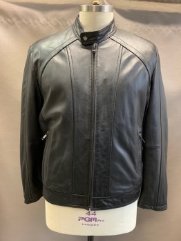 Mens, Leather Jacket, MARC NY ANDREW MARC, Black, Leather, XL, Stand Collar With Tab & Snap Button, Zip Front, 2 Zip Pockets