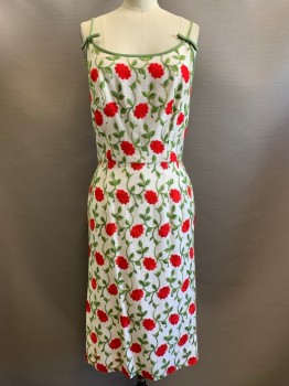 NO LABEL, Off White, Green, Red, Cotton, Floral, Spaghetti Strap with Bow, Embroiderred Flowers, Back Zipper,