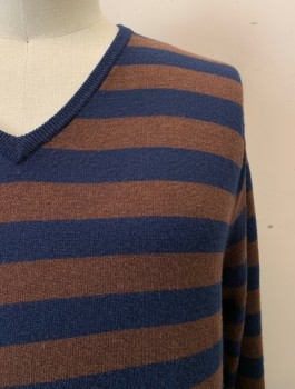 Mens, Pullover Sweater, J. CREW, Navy Blue, Brown, Wool, Stripes, 2XL, V-N, L/S,