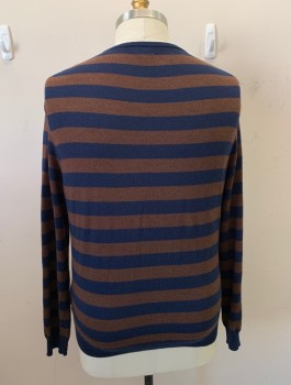 Mens, Pullover Sweater, J. CREW, Navy Blue, Brown, Wool, Stripes, 2XL, V-N, L/S,