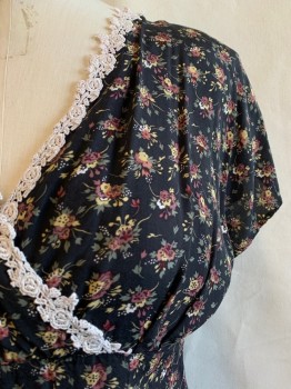 ARIANA, Black, Multi-color, Rayon, Floral, V-N, S/S, Bttn. Back, White Lace Trim on V-N, Purple, Light Yellow Flowers