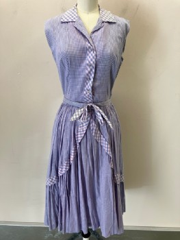 CLAYMOUR JR, Lt Pink, Lt Blue, Cotton, Gingham, Large & Small Gingham, C.A., B.F. Rhinestone Btns, At Placket, Slvlss, CF, Cut Away & Pleated  At Skirt, Side Zipper,  Bow Belt Attached