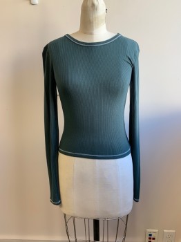Womens, Top, FOREVER 21, Forest Green, Rayon, Spandex, Solid, S, CN, L/S, White Stitching, Ribbed