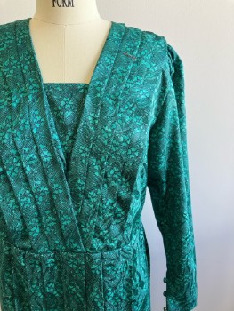 DIMENSIONS, Dk Green/ Black, Floral Print, V Neck With Cover Up Panel, Puffed L/S, Tuck Pleats, Back Zip