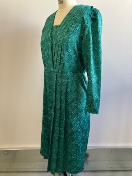 DIMENSIONS, Dk Green/ Black, Floral Print, V Neck With Cover Up Panel, Puffed L/S, Tuck Pleats, Back Zip