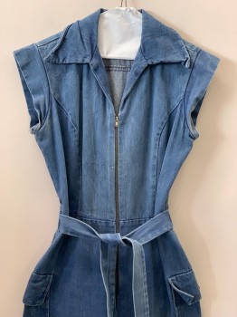 Womens, Jumpsuit, NO LABEL, Denim Blue, Polyester, Cotton, Solid, B36, 11, W28, Cap Sleeves, V Neck, Zip Front, Elastic Waist With Tie, Side Pockets,