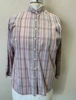 GIVENCHY FOR CHESA, Mauve Pink, Gray, Peach Orange, Red Burgundy, Cotton, Plaid, Long Sleeves, Button Front, Small Rounded Collar Attached, Pleats at Either Side of Shoulders