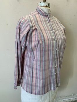 GIVENCHY FOR CHESA, Mauve Pink, Gray, Peach Orange, Red Burgundy, Cotton, Plaid, Long Sleeves, Button Front, Small Rounded Collar Attached, Pleats at Either Side of Shoulders