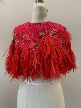 Womens, Cape/Poncho, NO LABEL, Cherry Red, Pink, Gold, Silk, Sequins, Textured Fabric, S/M, Full Sequins, Crew Neck, Beaded Paisley Detail feathered Bottom, Back Snap Buttons