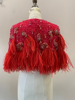 Womens, Cape/Poncho, NO LABEL, Cherry Red, Pink, Gold, Silk, Sequins, Textured Fabric, S/M, Full Sequins, Crew Neck, Beaded Paisley Detail feathered Bottom, Back Snap Buttons