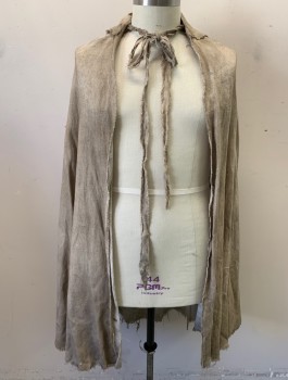 N/L MTO, Mushroom-Gray, Taupe, Cotton, Mottled, Very Aged Canvas, Raw Frayed Edges Throughout, Collar Attached, Self Ties at Neck, Ankle Length, Multiples, Made To Order