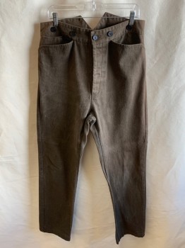 Mens, Historical Fiction Pants, FRONTIER CLASSICS, Brown, Cotton, Solid, 32, 34, High Waist, Button Front, 3 Pocket, Suspender Buttons, Back Half Belt, 1 Pocket