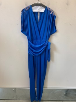 Night Visionz, Blue, Polyester, Solid, S/S, V Neck, Crossover, Beaded Shoulder Detail, Pleated Waist Band with Side Tie