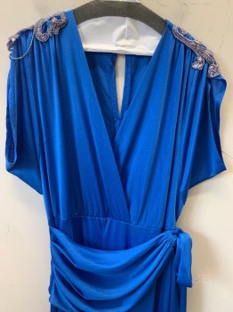 Womens, Jumpsuit, Night Visionz, Blue, Polyester, Solid, W36, B42, H40, S/S, V Neck, Crossover, Beaded Shoulder Detail, Pleated Waist Band with Side Tie