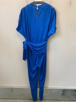 Womens, Jumpsuit, Night Visionz, Blue, Polyester, Solid, W36, B42, H40, S/S, V Neck, Crossover, Beaded Shoulder Detail, Pleated Waist Band with Side Tie