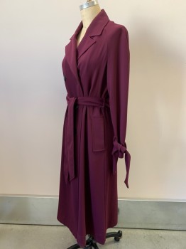 RACHEL ROY, Red Burgundy, Polyester, Solid, L/S, Double Breasted, Peaked Lapel, Side Pockets, Cuff Ties, Belt Loops With Matching Belt