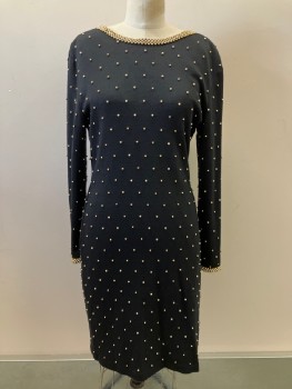 Womens, Cocktail Dress, ETAL, Black, Acrylic, Wool, Solid, W: 30, B: 36, H: 38, Round Neck, L/S, Low V Cut Back, Gold Sphere Beads,