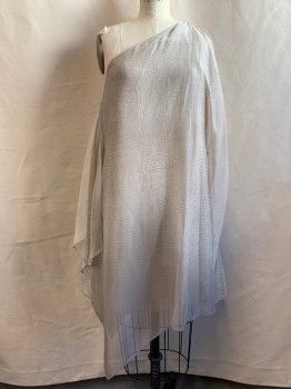 Womens, Dress, Sleeveless, HALSTON, Gray, Lt Gray, Polyester, Reptile/Snakeskin, B 34, M, One Shoulder, Draped Ruffle, Zip Side, Small Stain on Back Right Side, NO Belt