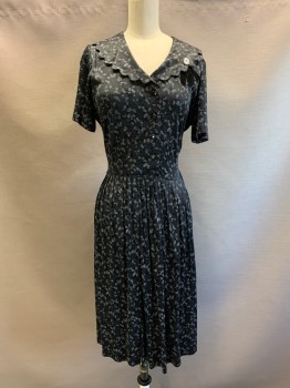 Womens, Cocktail Dress, NO LABEL, Black, Gray, Polyester, Leaves/Vines , W24, B34, S/S, V Neck, Double Breasted, Collar Attached with Diamond Button & 3 Strips, Side zipper