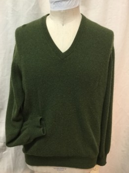 Mens, Pullover Sweater, BROOKS BROTHERS, Olive Green, Cashmere, Solid, XL, V-neck, Long Sleeves, Ribbed Knit at Neckline, Ribbed Cuffs, Ribbed Waistband