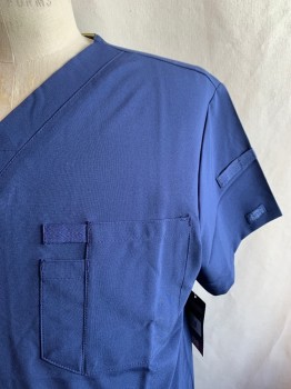 DICKIES, Navy Blue, Polyester, Spandex, Solid, V-neck, Pullover, Short Sleeves, Double Chest Pocket