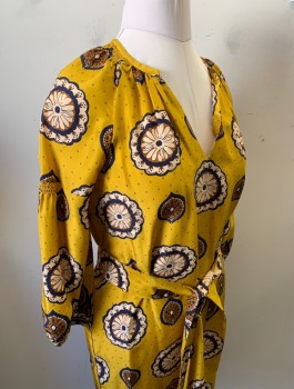 Womens, Dress, Long & 3/4 Sleeve, WHISTLES, Mustard Yellow, Navy Blue, Beige, Brown, Rayon, Medallion Pattern, Dots, Sz.8, 3/4 Raglan Sleeves, Round Neck with V-Notch, Smocking Around Neckline, Knee Length, Belt Loops, **With Matching Fabric BELT