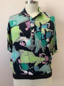 ALAN STUART, Lt Green, Black, Multi-color, Rayon, Abstract , C.A., 3 Bttns, 1 Pckt, S/S, Black Elastic Waistband, Lilac, Sky Blue, Off White Colors