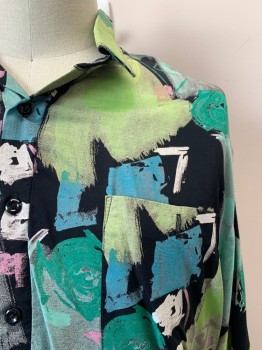 ALAN STUART, Lt Green, Black, Multi-color, Rayon, Abstract , C.A., 3 Bttns, 1 Pckt, S/S, Black Elastic Waistband, Lilac, Sky Blue, Off White Colors