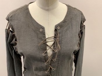 Womens, Historical Fiction Dress, N/L, Gray, Cotton, Solid, Basket Weave, W 34, B 38, 4, Aged/Distressed,  Puckered Texture, Lace Up Front, Lace Up Sleeves, Lace Up Underarms, Freyed Hem And Cuffs, Paneled Skirt