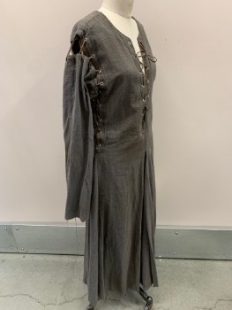 N/L, Gray, Cotton, Solid, Basket Weave, Aged/Distressed,  Puckered Texture, Lace Up Front, Lace Up Sleeves, Lace Up Underarms, Freyed Hem And Cuffs, Paneled Skirt