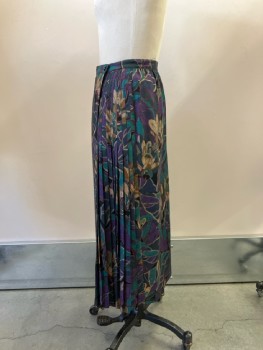 EMANUEL UNGARO, Dusty Purple/teal/tan/blue Floral Wool Floral, Wrap Around, Front Left Button Closure At Waist, Stitched Down Pleats Under Panel, Ankle Length