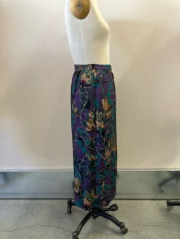 EMANUEL UNGARO, Dusty Purple/teal/tan/blue Floral Wool Floral, Wrap Around, Front Left Button Closure At Waist, Stitched Down Pleats Under Panel, Ankle Length
