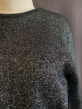 Womens, Sweater, BEDFORD FAIR, Black, Silver, Acrylic, Lurex, 2 Color Weave, B:42, L, Pullover, Ribbed Knit, L/S, Crew Neck