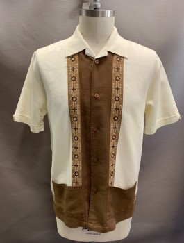 CUBAVERA, Antique White, Brown, Multi-color, Rayon, Polyester, Color Blocking, Geometric, S/S, Button Front, 2 Pockets, Embroiderred Design, Caramel Brown Buttons