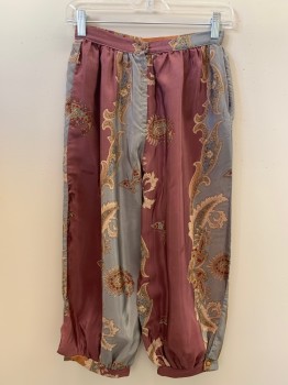 JUDY KNAPP, Mauve Pink, Gray, Beige, Polyester, Paisley/Swirls, Zip Front, Side Pockets, Mauve Pink, Gray, & Tan Vertical Stripes, Cuffed, *Multiple Oil Stains Through Out