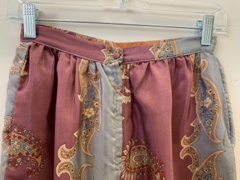 JUDY KNAPP, Mauve Pink, Gray, Beige, Polyester, Paisley/Swirls, Zip Front, Side Pockets, Mauve Pink, Gray, & Tan Vertical Stripes, Cuffed, *Multiple Oil Stains Through Out