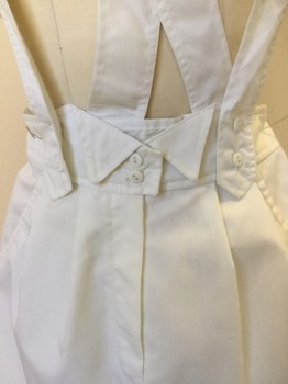 Womens, Shorts, N/L, White, Cotton, Polyester, Solid, W 26, White, Knee Length, 2" Waist Band with 2 Triangles Fold Over Front Center W. 2 Buttons, Suspender Straps, 2 Pleat Front, 2 Fake Wedge Pockets