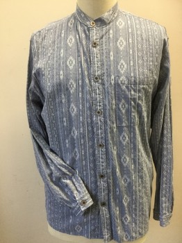 Mens, Western, WAH MAKER, Slate Blue, Lt Gray, Cotton, Diamonds, Stripes - Vertical , XL, Heather Slate Blue with Gray Diamond Vertical  Print, Stand Collar Attached, Metal Button Front, Long Sleeves, 1 Pocket, Doubles,