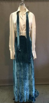 Womens, Dress, M.T.O., Cream, Teal Blue, Silk, Solid, W 22, B 36, Cream Silk Long Sleeve Blouse, Collar Attached, 3 Covered Button Front, Covered Buckle Waistband, Gathered At Sleeves, Tealblue Silk/Velvet Self Tie Collar, Teal Blue Velvet Skirt High-Low Hem, Side Zip