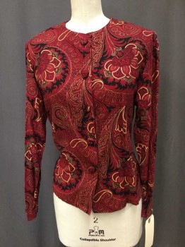 Womens, Blouse, LEE WINTER, Red, Black, Gold, Olive Green, Rayon, Paisley/Swirls, Petite, S, Button Front, Long Sleeves, Side Hem Slits, Shoulder Pads