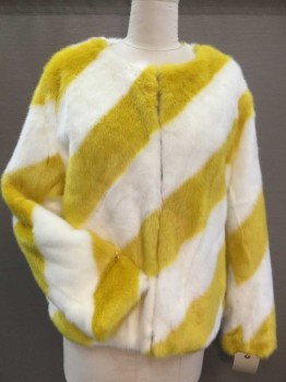 N/L, White, Yellow, Synthetic, Polyester, Stripes - Diagonal , Light Cream Lining, Round Neck,  5 Hook & Eye Front, Long Sleeves,